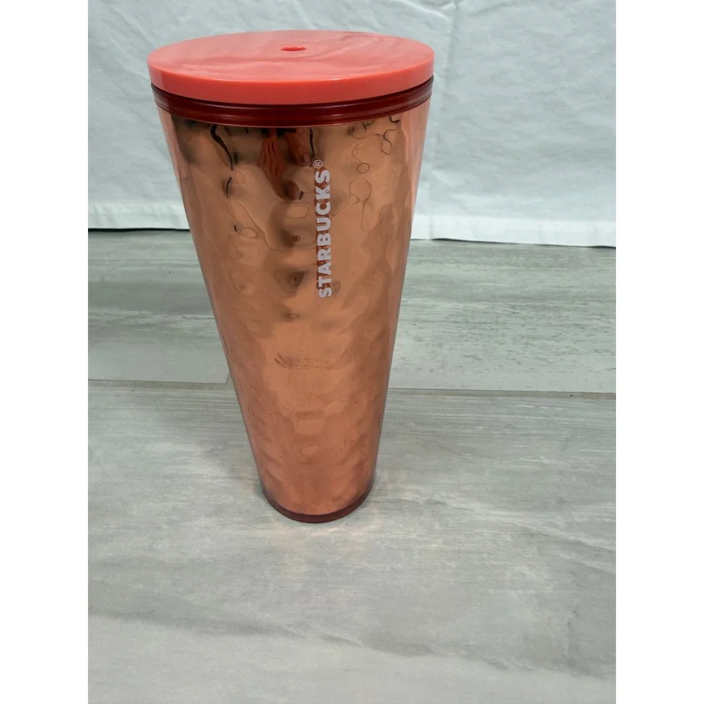 Starbucks Rose Gold Copper Hammered Metallic Venti Tumbler 24oz ColdCup No Straw